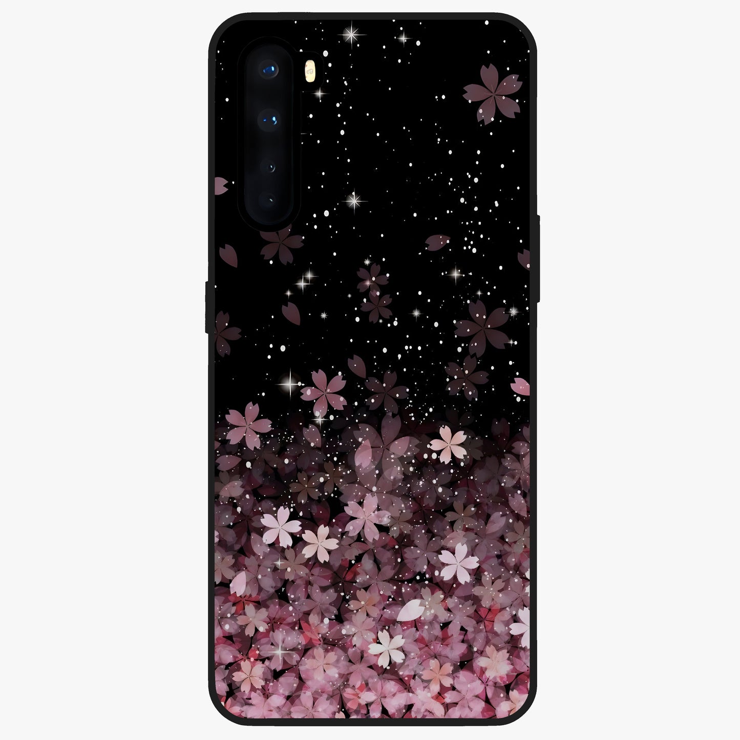 Small Starry Flowers Glass Case showing flat back view with delicate starry floral artwork and glossy glass finish.
