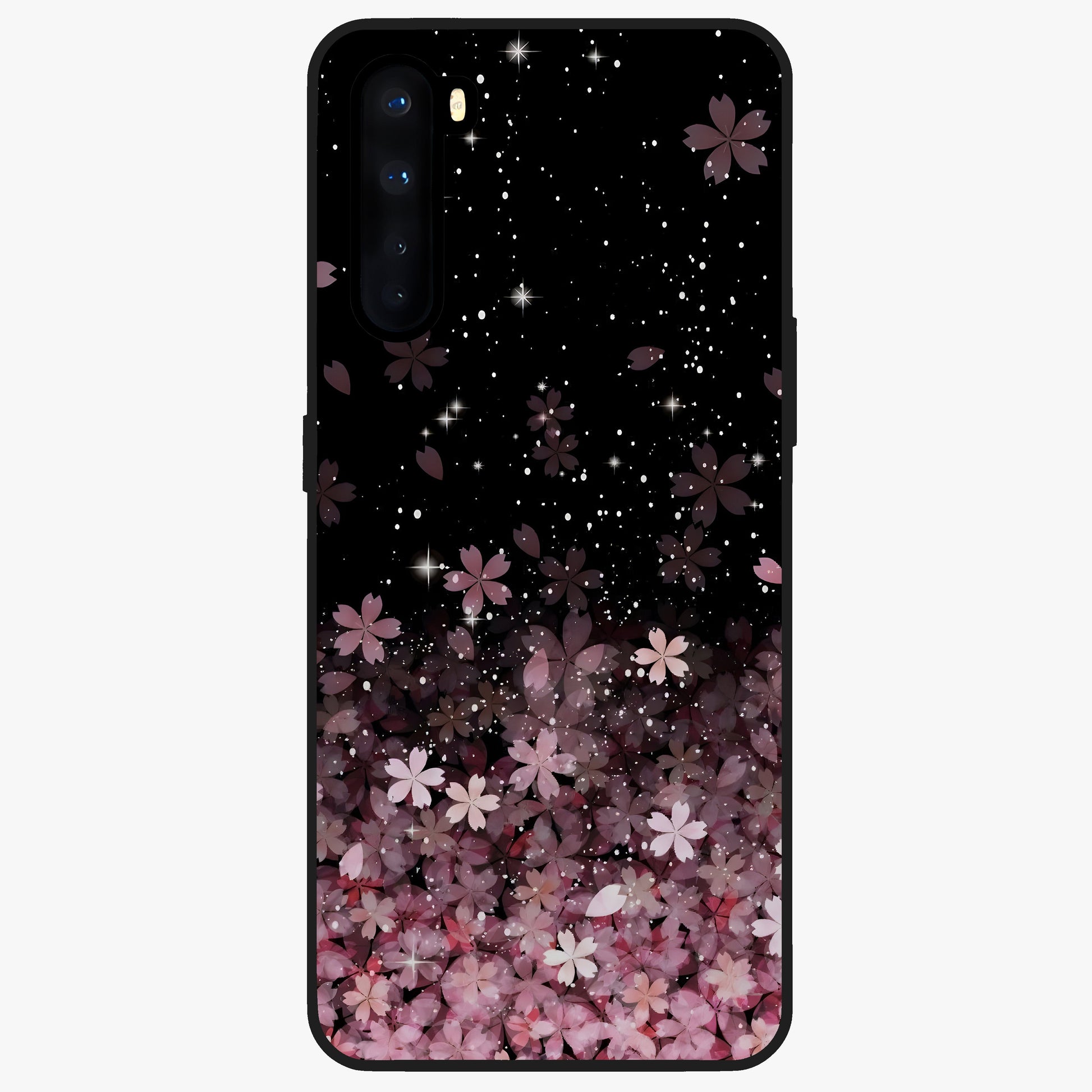 Small Starry Flowers Glass Case showing flat back view with delicate starry floral artwork and glossy glass finish.