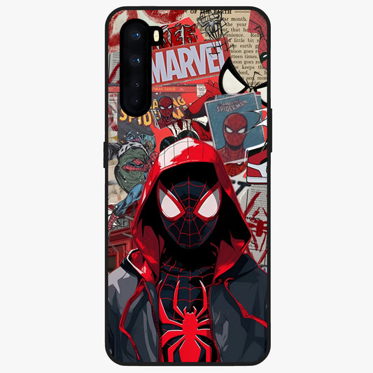 Spider Collage Street Glass Case showing flat back view with vibrant superhero collage artwork and glossy glass finish.
