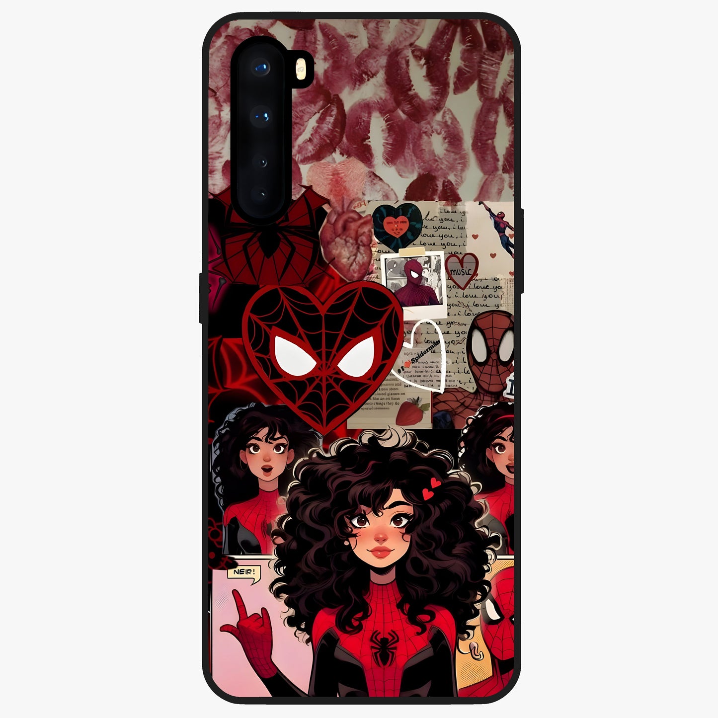 Spider Love Story Glass Case showing flat back view with romantic superhero themed artwork and glossy glass finish.