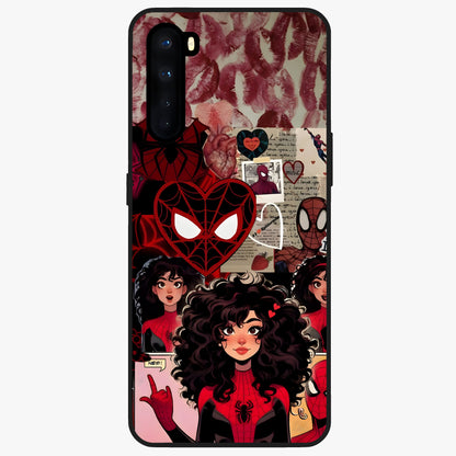 Spider Love Story Glass Case showing flat back view with romantic superhero themed artwork and glossy glass finish.