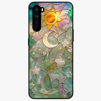 Stained Sunrise Glow Glass Case showing flat back view with glowing sunrise stained pattern artwork and glossy glass finish.