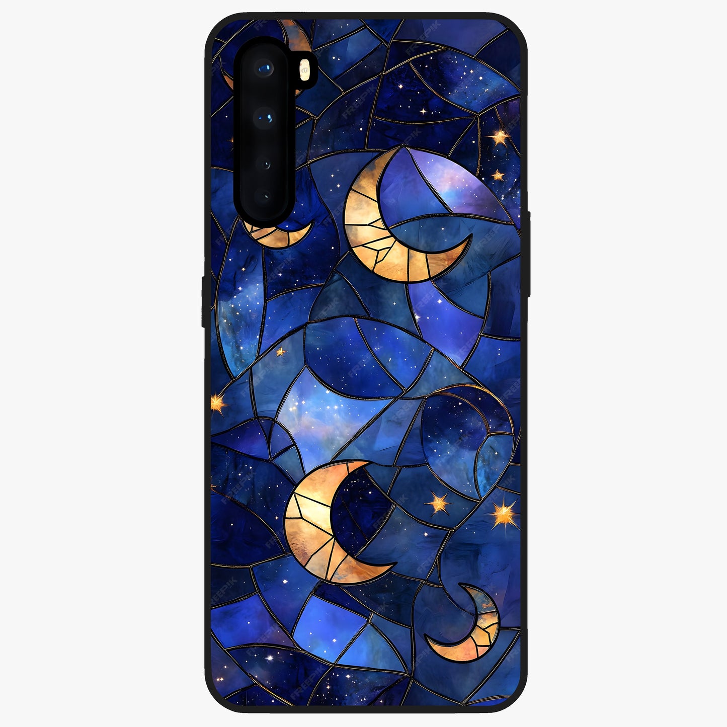 Starlit Sky Tapestry Glass Case showing flat back view with decorative starry sky tapestry artwork and glossy glass finish.
