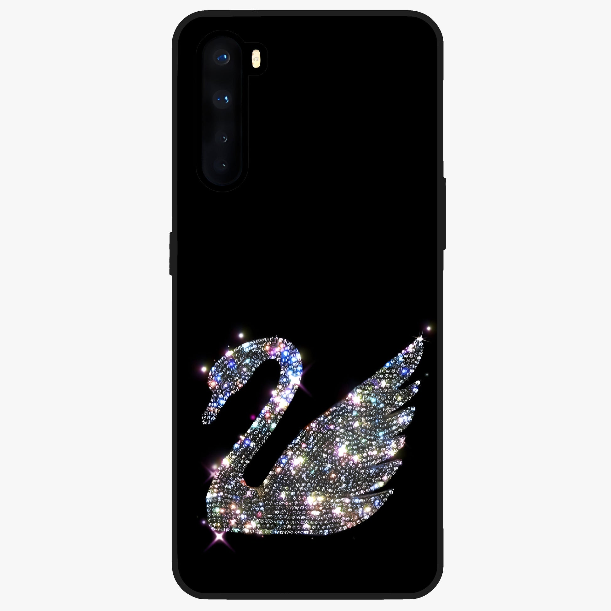 Starlit Swan Grace Glass Case showing flat back view with graceful swan artwork under starry sky and glossy glass finish.