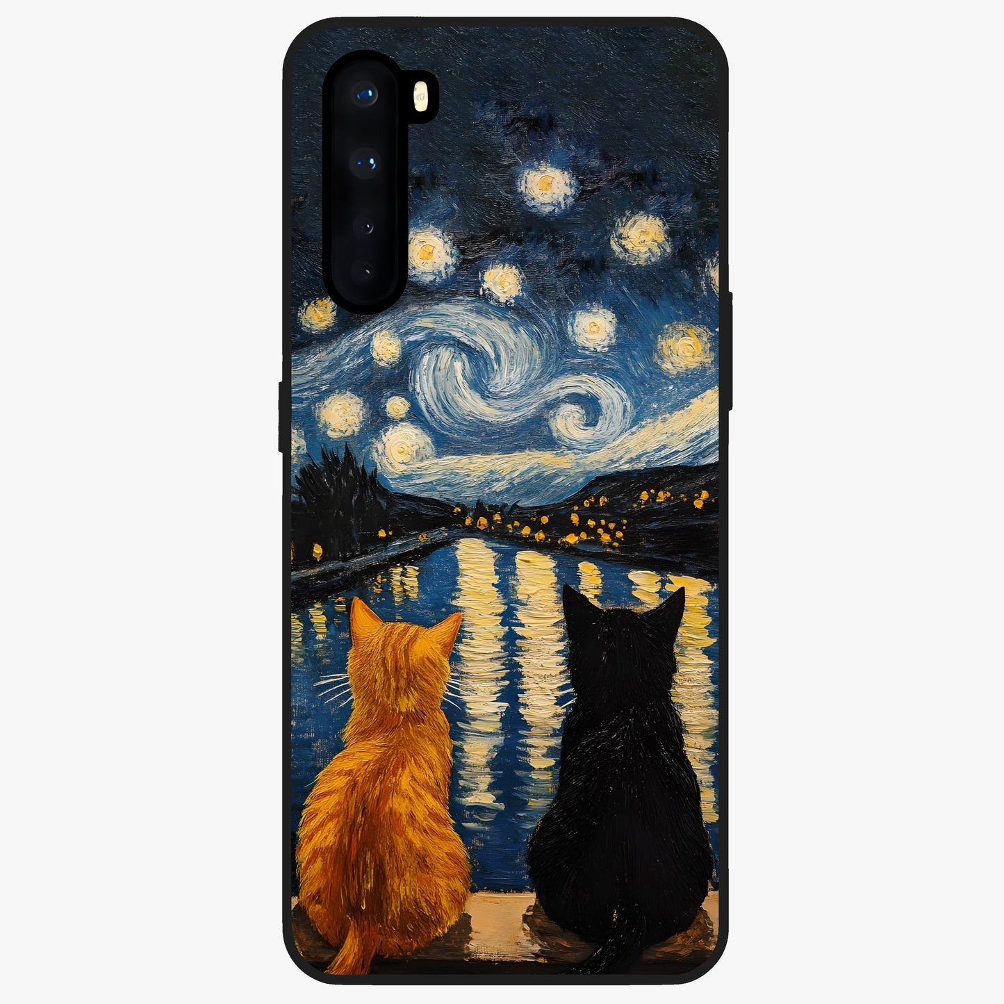 Starry River Cats Glass Case showing flat back view with cats by a starry river artwork and glossy glass finish.