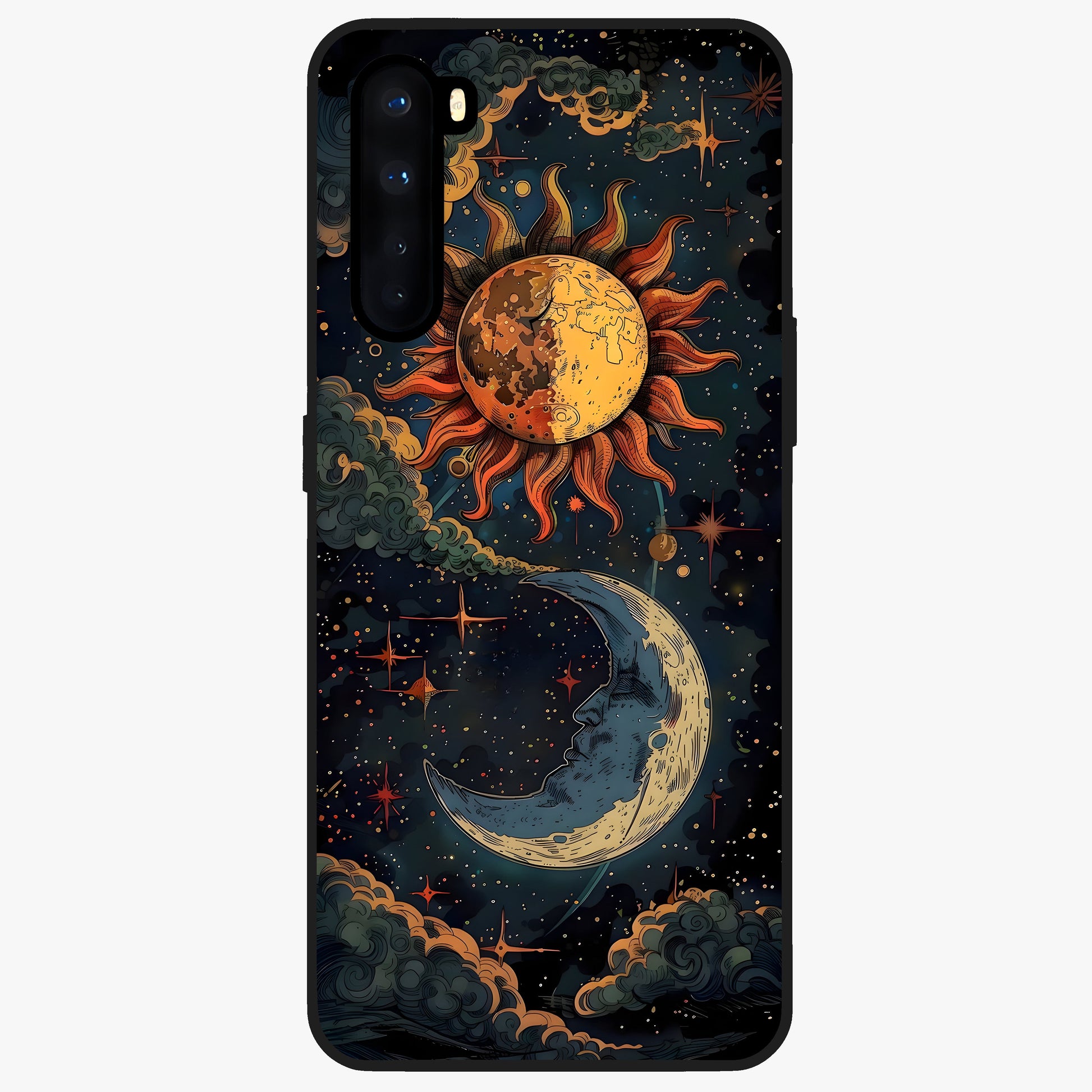 Sun And Moon Magic Design Glass Case showing flat back view with mystical sun and moon artwork and glossy glass finish.