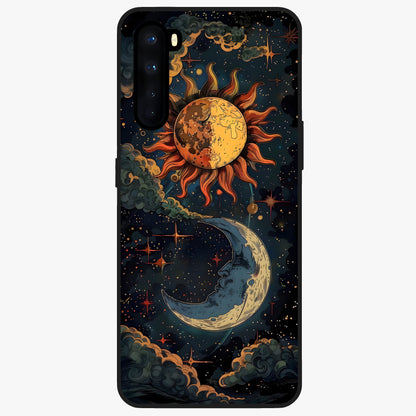 Sun And Moon Magic Design Glass Case showing flat back view with mystical sun and moon artwork and glossy glass finish.