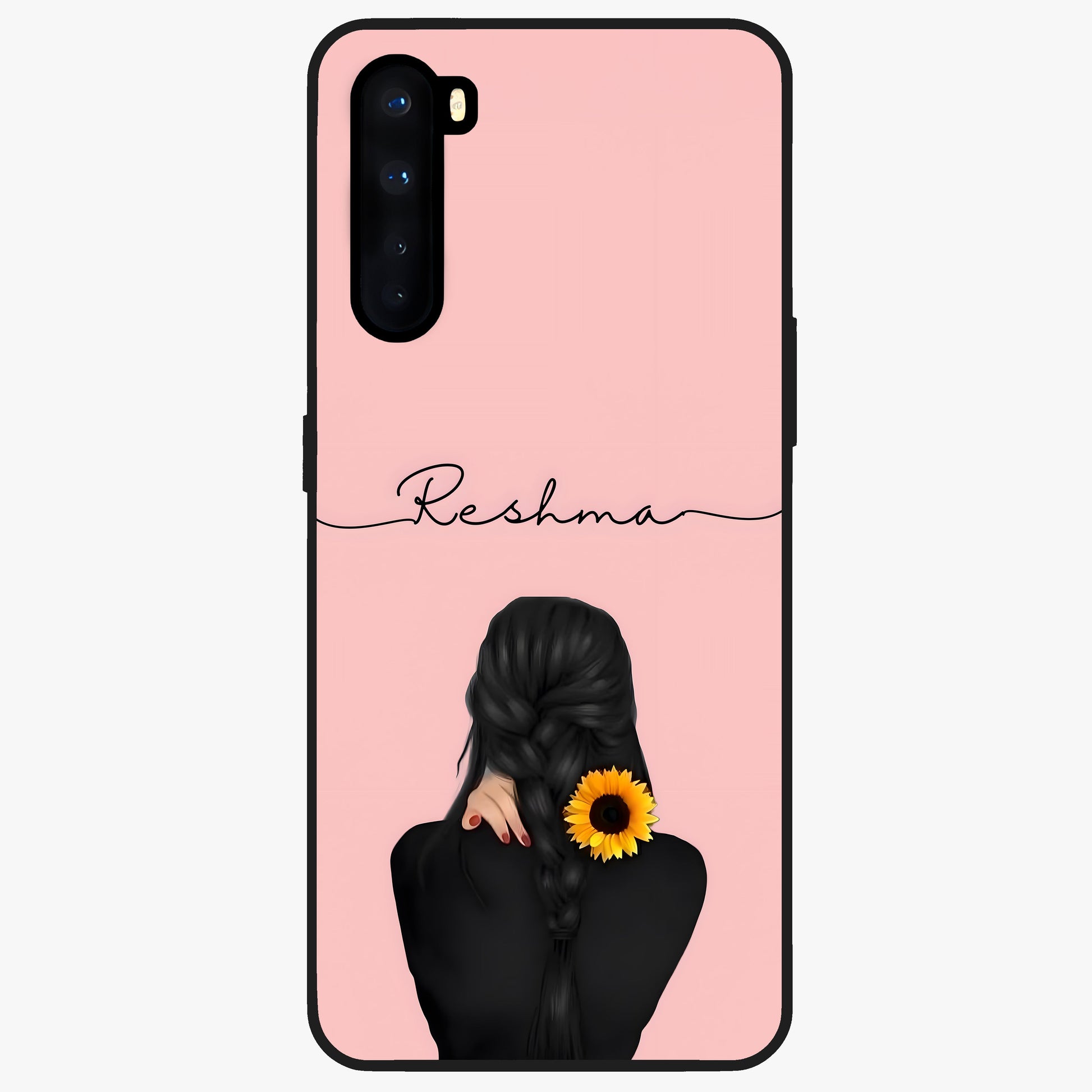 Sunflower Braid Beauty With Custom Name Glass Case showing flat back view with sunflower braid artwork and personalized name design.