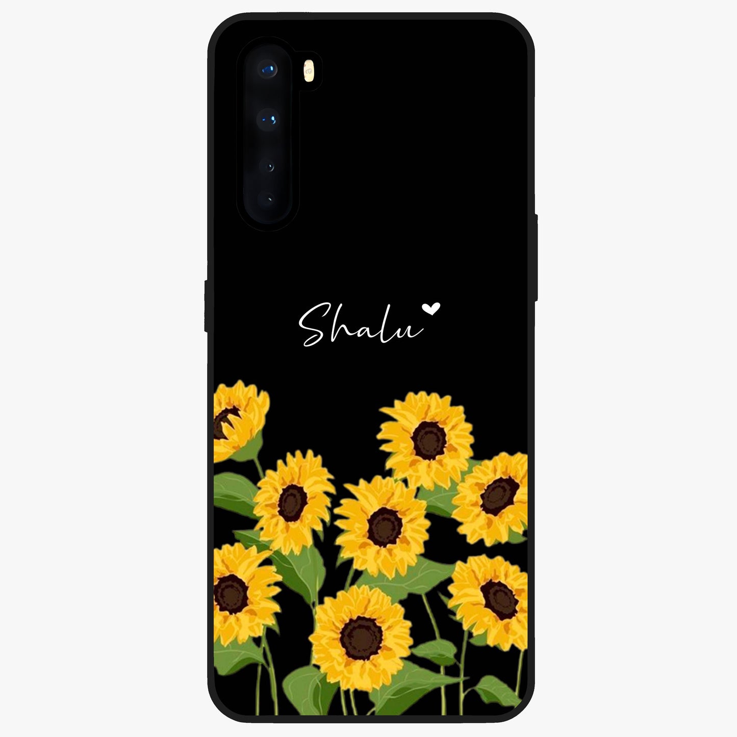 Sunflower Chic Mood Custom Name Glass Case showing flat back view with stylish sunflower artwork and personalized name design.