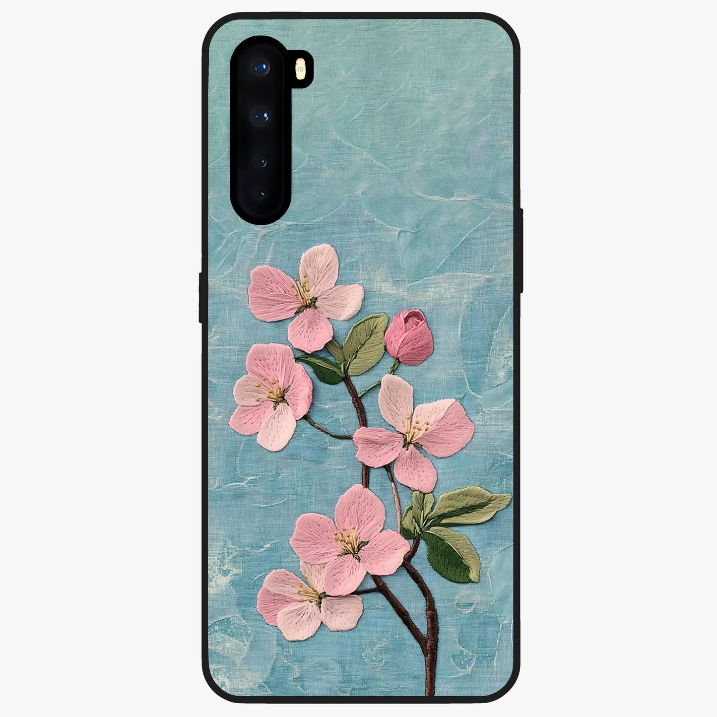 Threaded Blossom Breeze Glass Case showing flat back view with delicate blossom artwork and glossy glass finish.