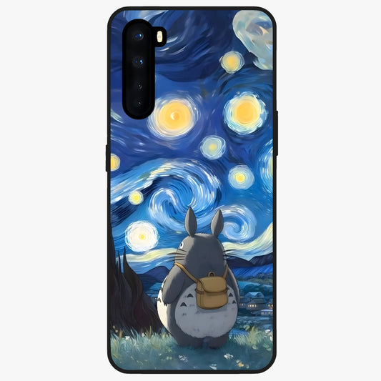 Totoro In Van Gogh Art Glass Case showing flat back view with whimsical character artwork inspired by Van Gogh style and glossy glass finish.