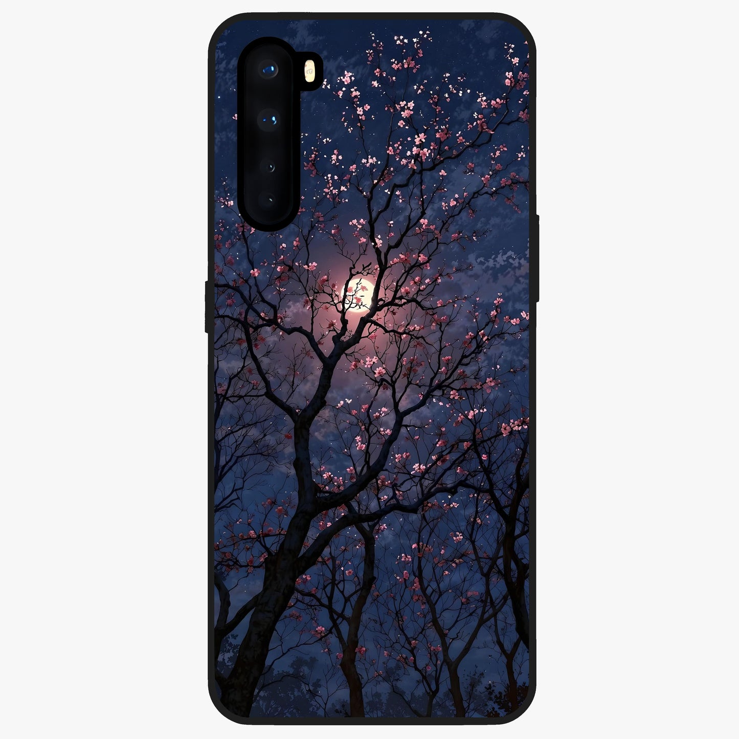 Twilight Sakura Serenade Glass Case showing flat back view with cherry blossom artwork at twilight and glossy glass finish.