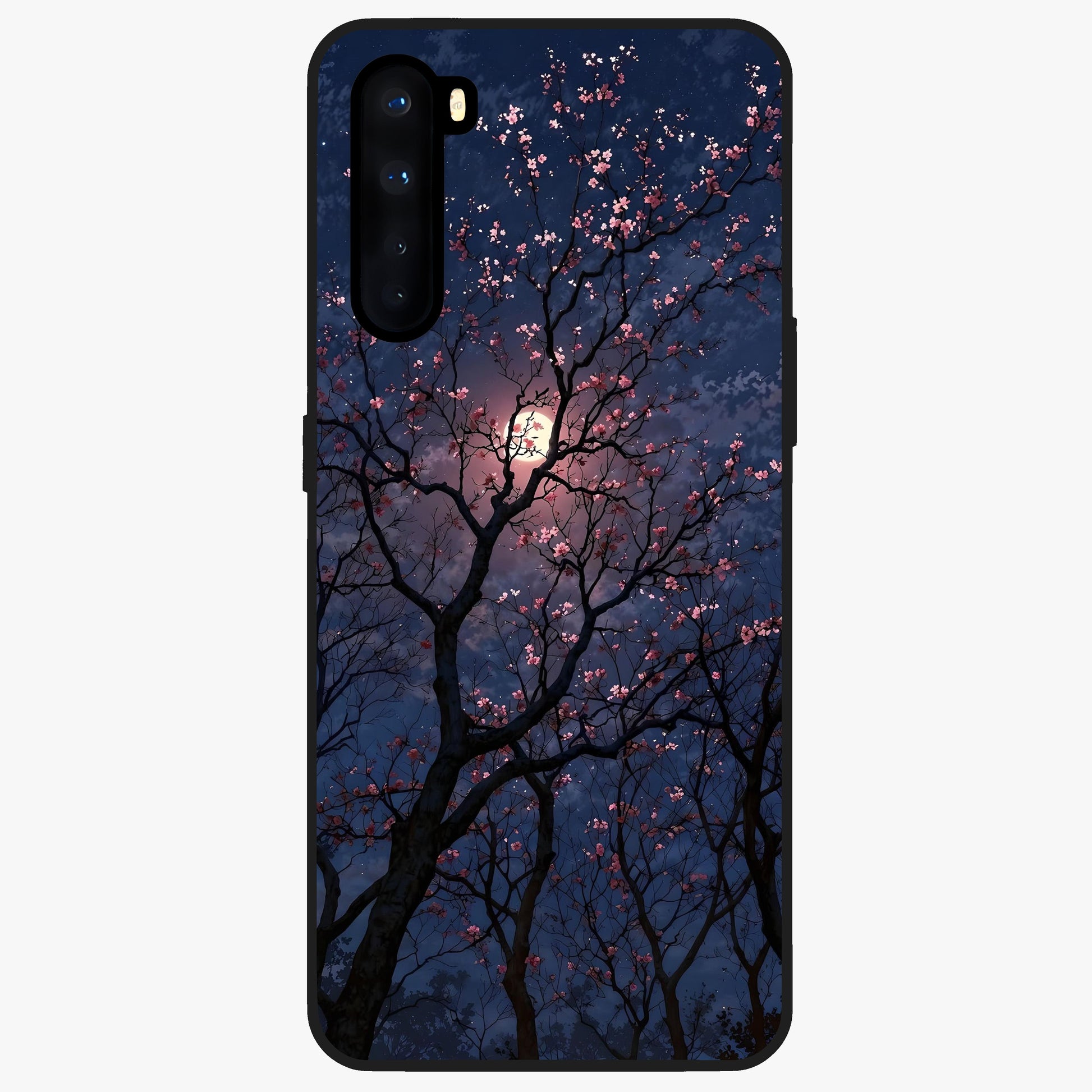 Twilight Sakura Serenade Glass Case showing flat back view with cherry blossom artwork at twilight and glossy glass finish.