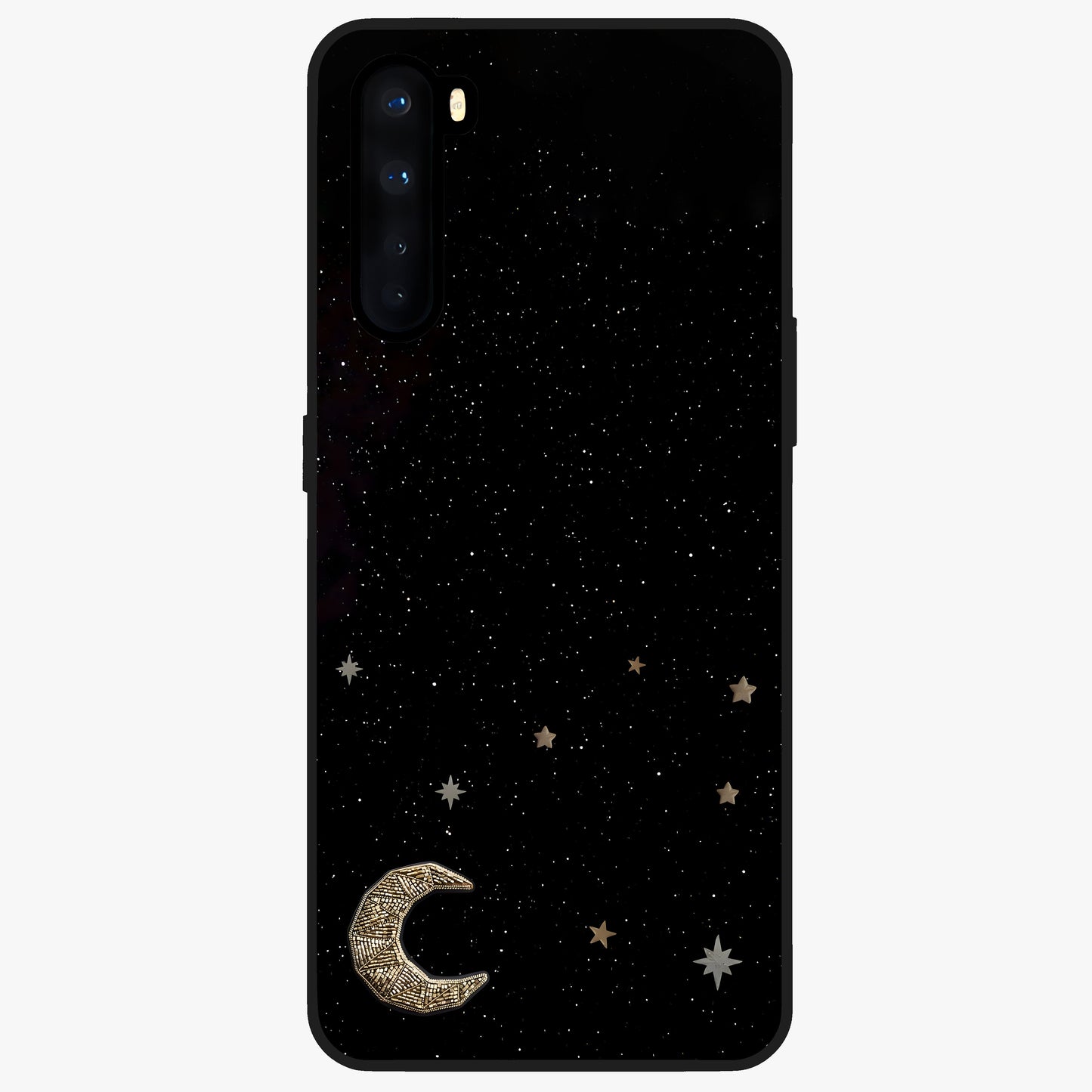 Twinkle Star With Half Moon Glass Case showing flat back view with star and half moon artwork and glossy glass finish.