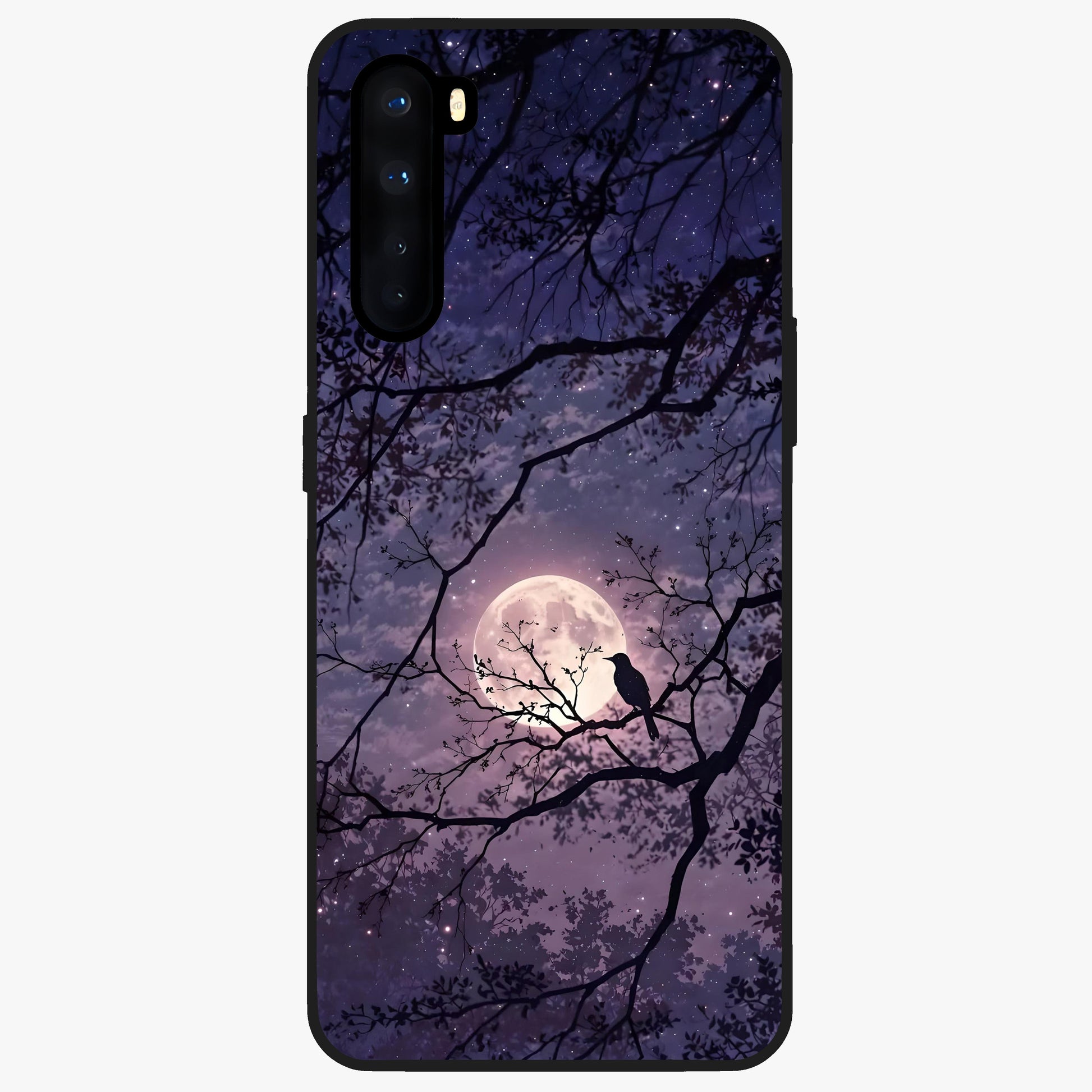 Whispering Moon Silence Glass Case showing flat back view with serene moon themed artwork and glossy glass finish.