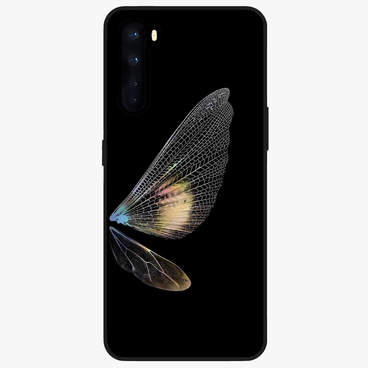 Whispers Of Wings Glass Case showing flat back view with graceful wing inspired artwork and glossy glass finish.