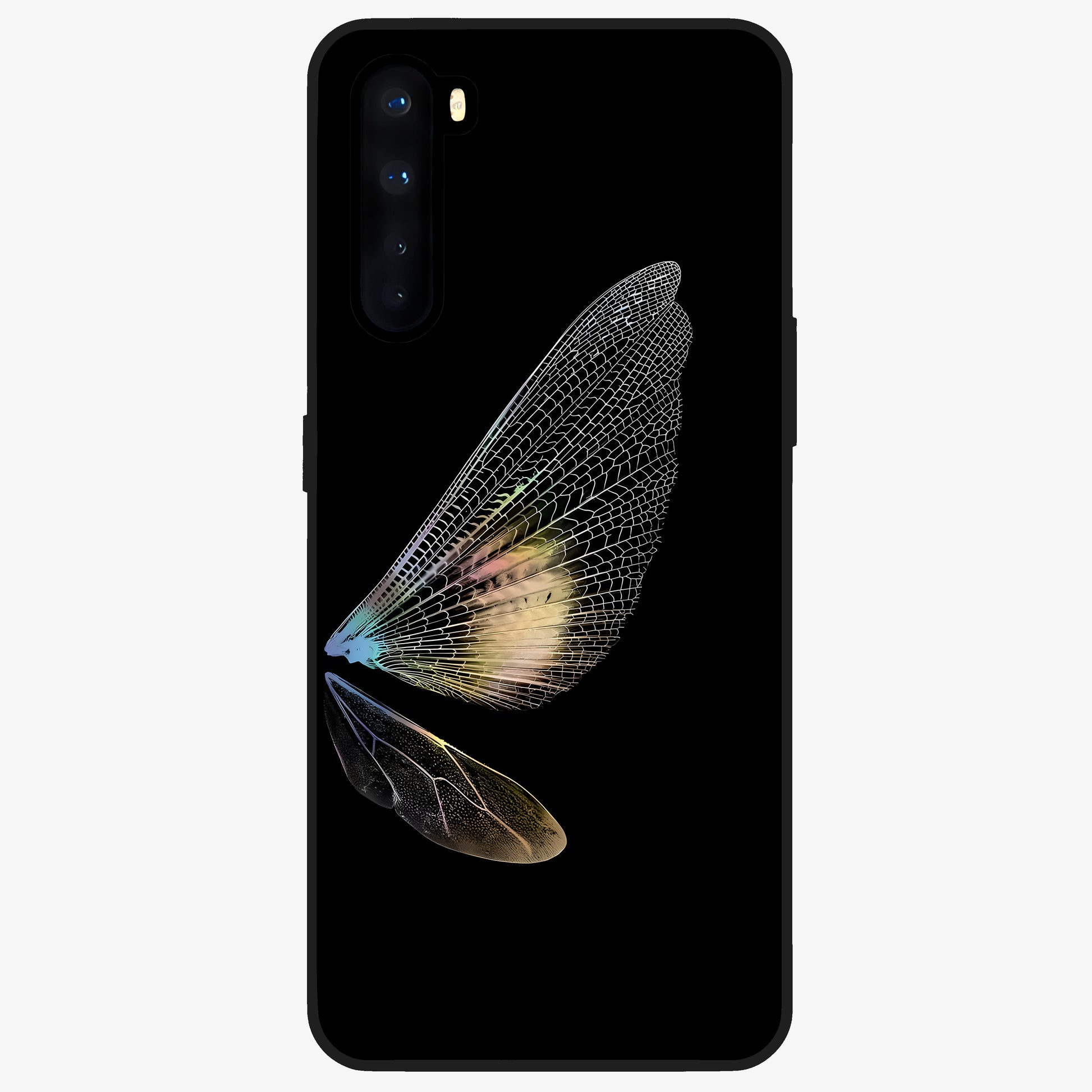 Whispers Of Wings Glass Case showing flat back view with graceful wing inspired artwork and glossy glass finish.