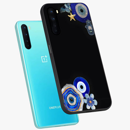 Aesthetic Blue Evil Eye Glass Case displayed in angled mockup highlighting blue evil eye symbol and spiritual aesthetic design.