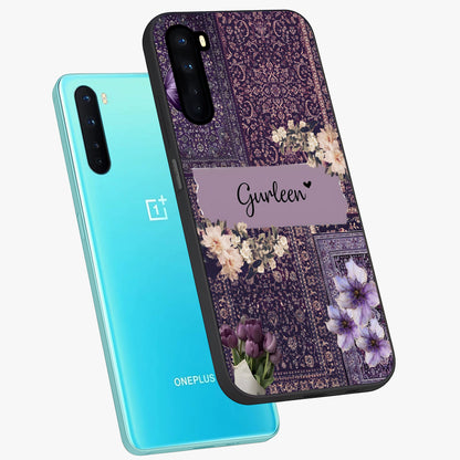 Antique Floral Whisper Custom Name Glass Case displayed in angled mockup highlighting elegant antique floral aesthetic.