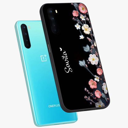 Black Elegance Floral Custom Name Glass Case displayed in angled mockup highlighting dark floral aesthetic and custom name feature.