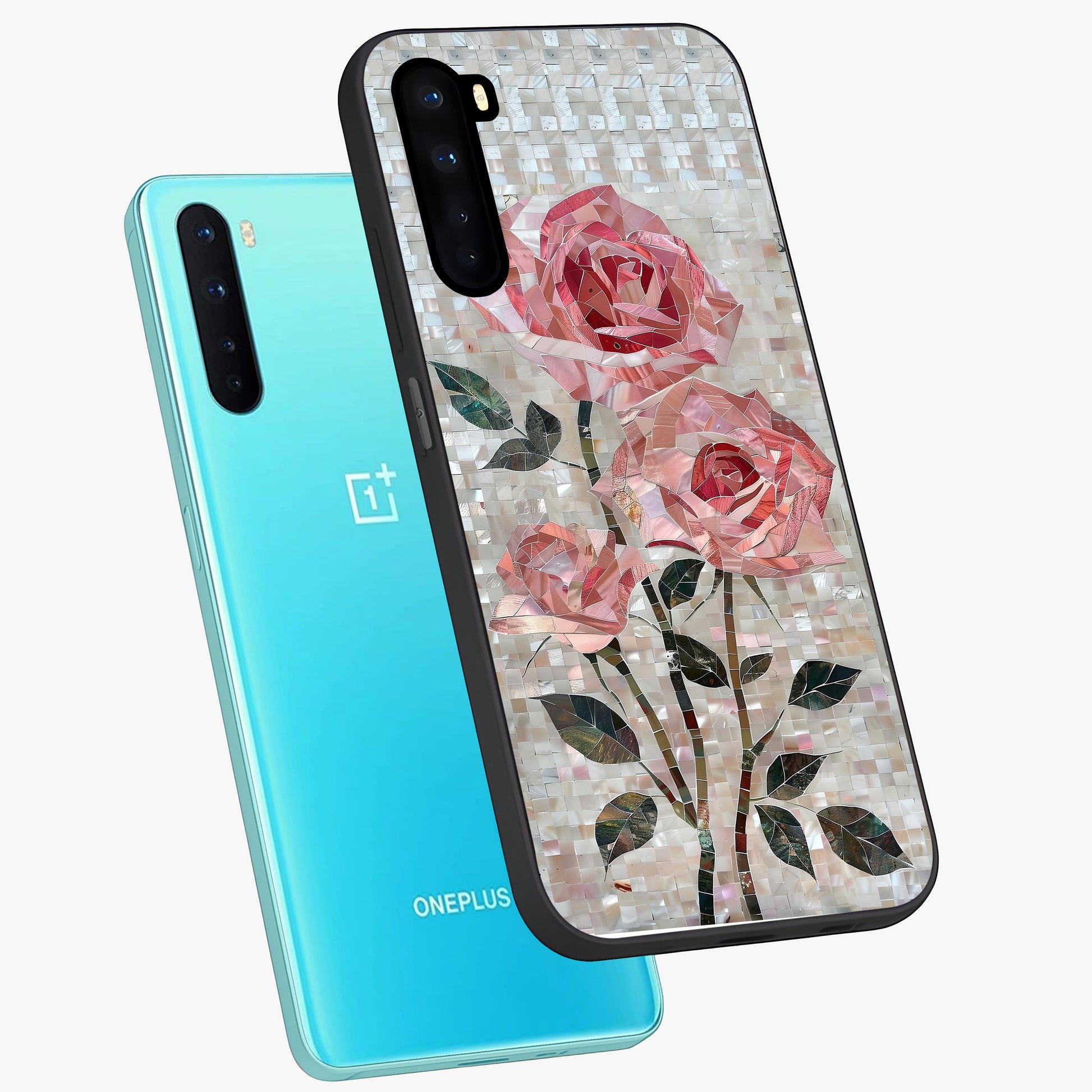 Blush Mosaic Bloom Glass Case displayed in angled mockup highlighting artistic mosaic flower pattern with aesthetic design.
