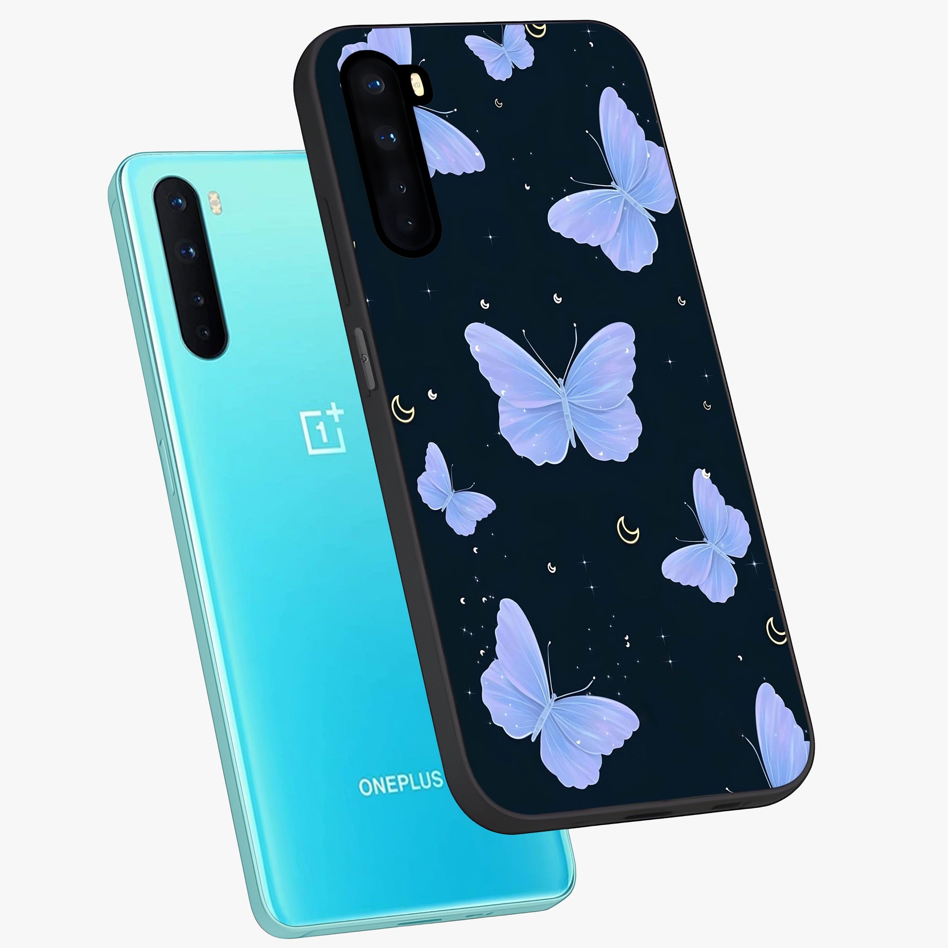 Butterfly With Stars Pattern Glass Case displayed in angled mockup highlighting dreamy butterfly and star design with aesthetic theme.