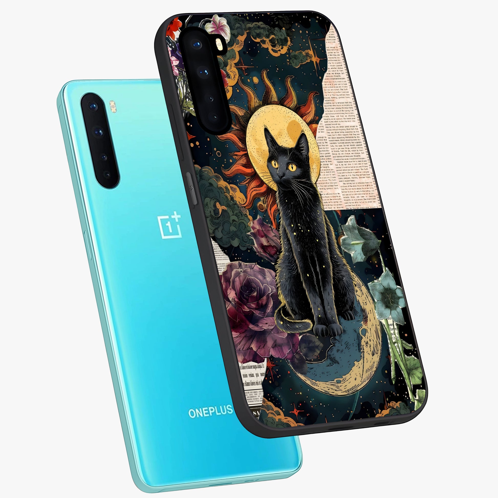 Celestial Black Cat Glass Case displayed in angled mockup highlighting cosmic black cat design with celestial aesthetic.