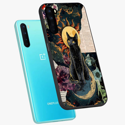 Celestial Black Cat Glass Case displayed in angled mockup highlighting cosmic black cat design with celestial aesthetic.