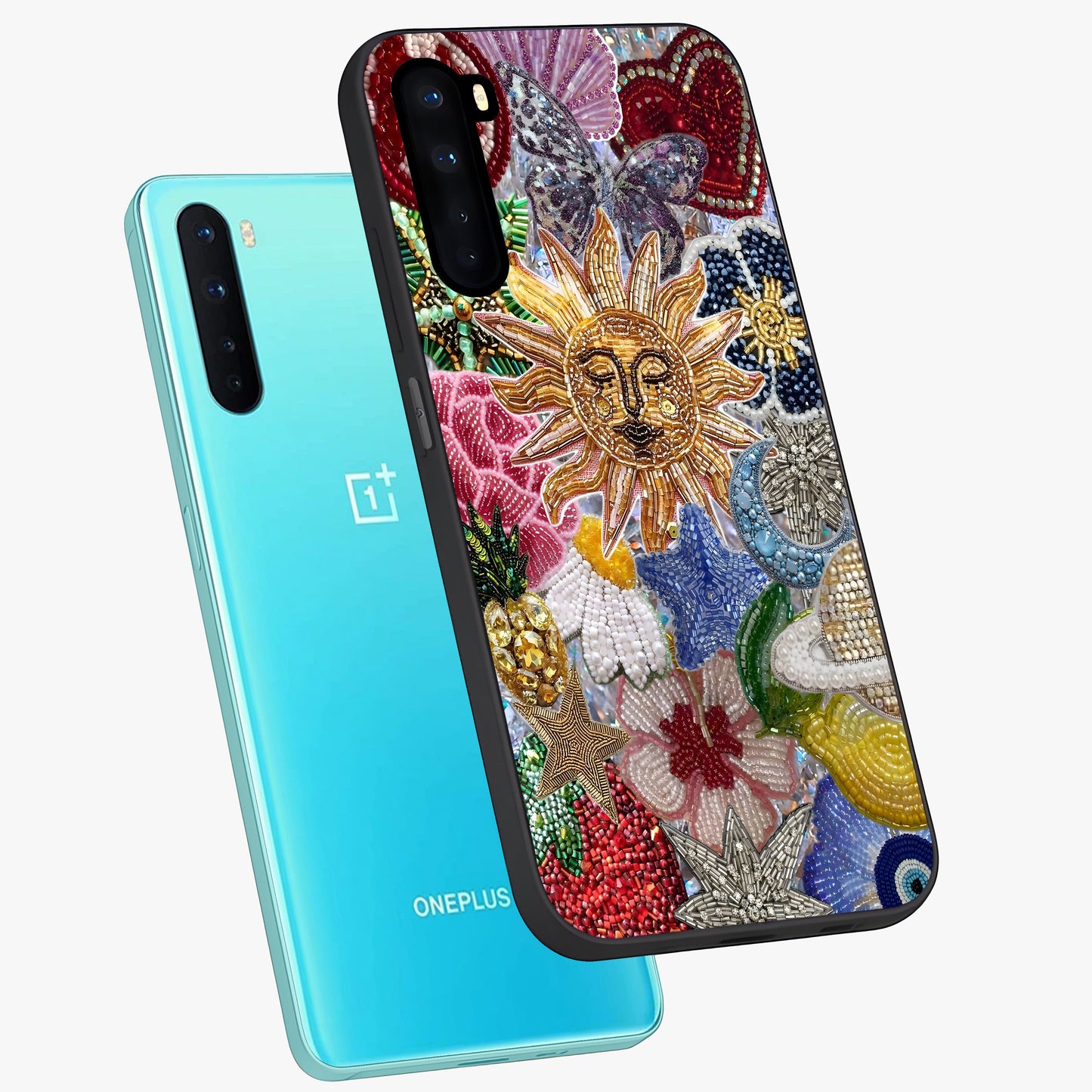 Celestial Floral and Playful Glass Case displayed in angled mockup highlighting playful floral design with dreamy celestial elements.