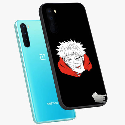 Crimson Chaos Smile Glass Case displayed in angled mockup highlighting edgy crimson smile design with graphic aesthetic.