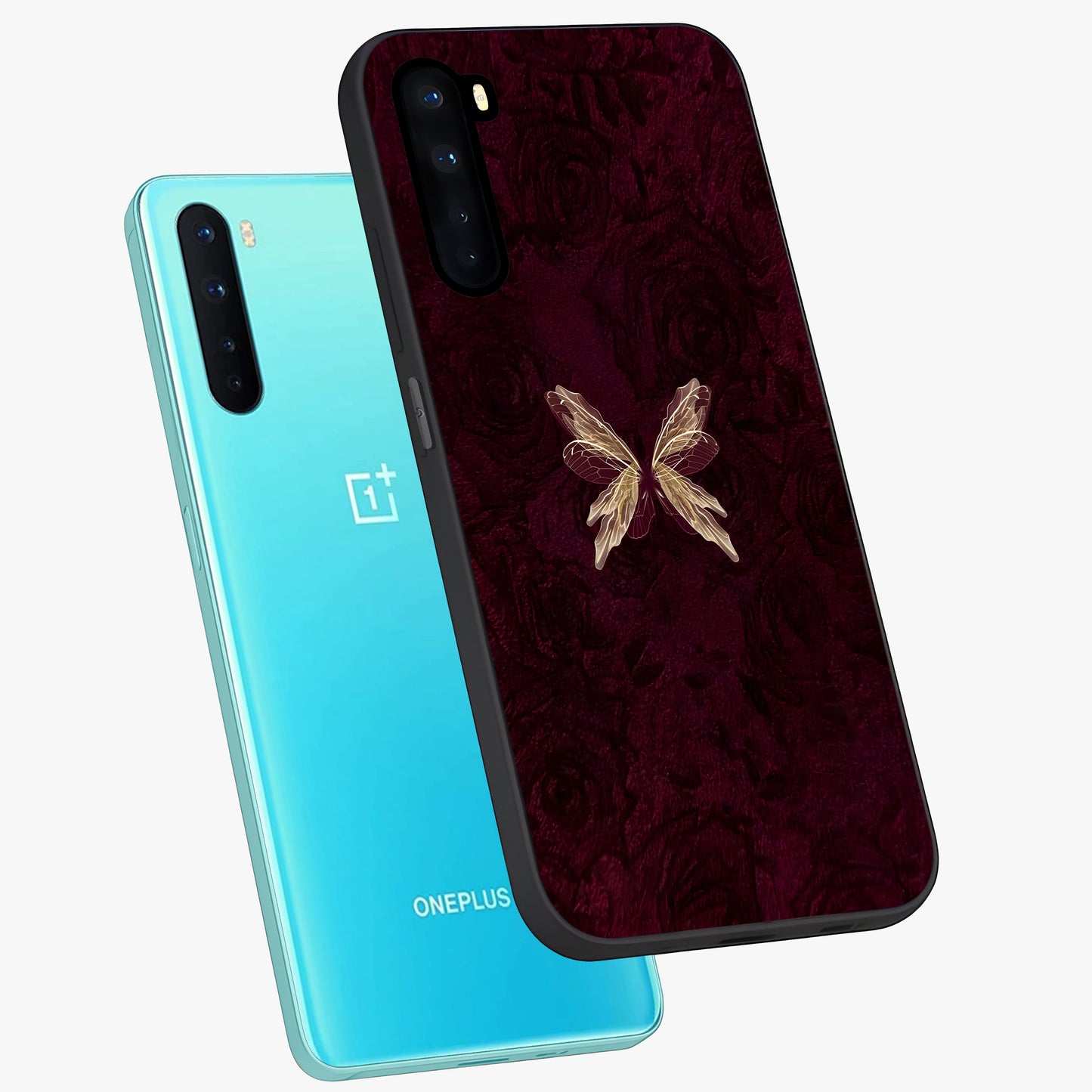 Crimson Fade Butterfly Glass Case displayed in angled mockup highlighting elegant butterfly design with crimson gradient aesthetic.