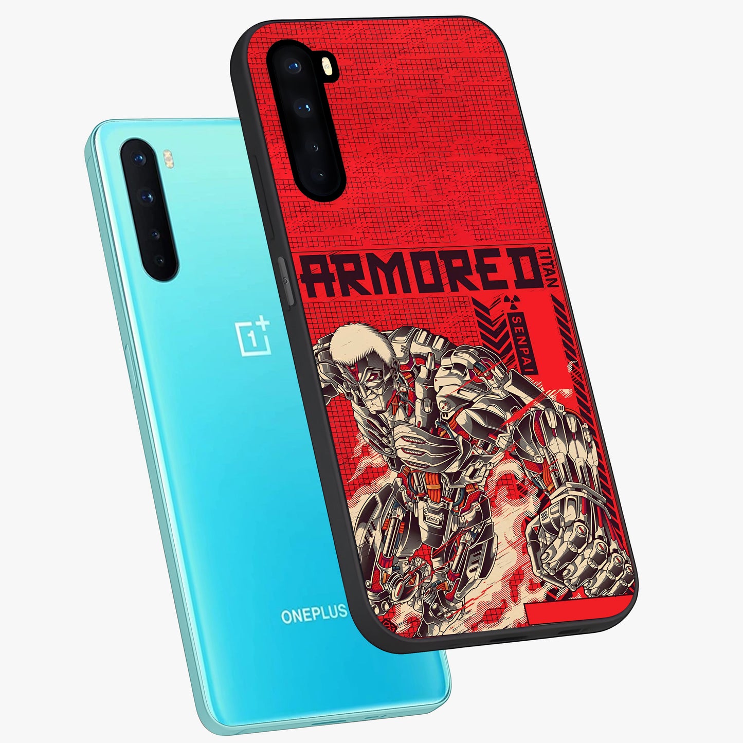 Crimson Mecha Titan Glass Case displayed in angled mockup highlighting futuristic mech illustration with bold crimson aesthetic.