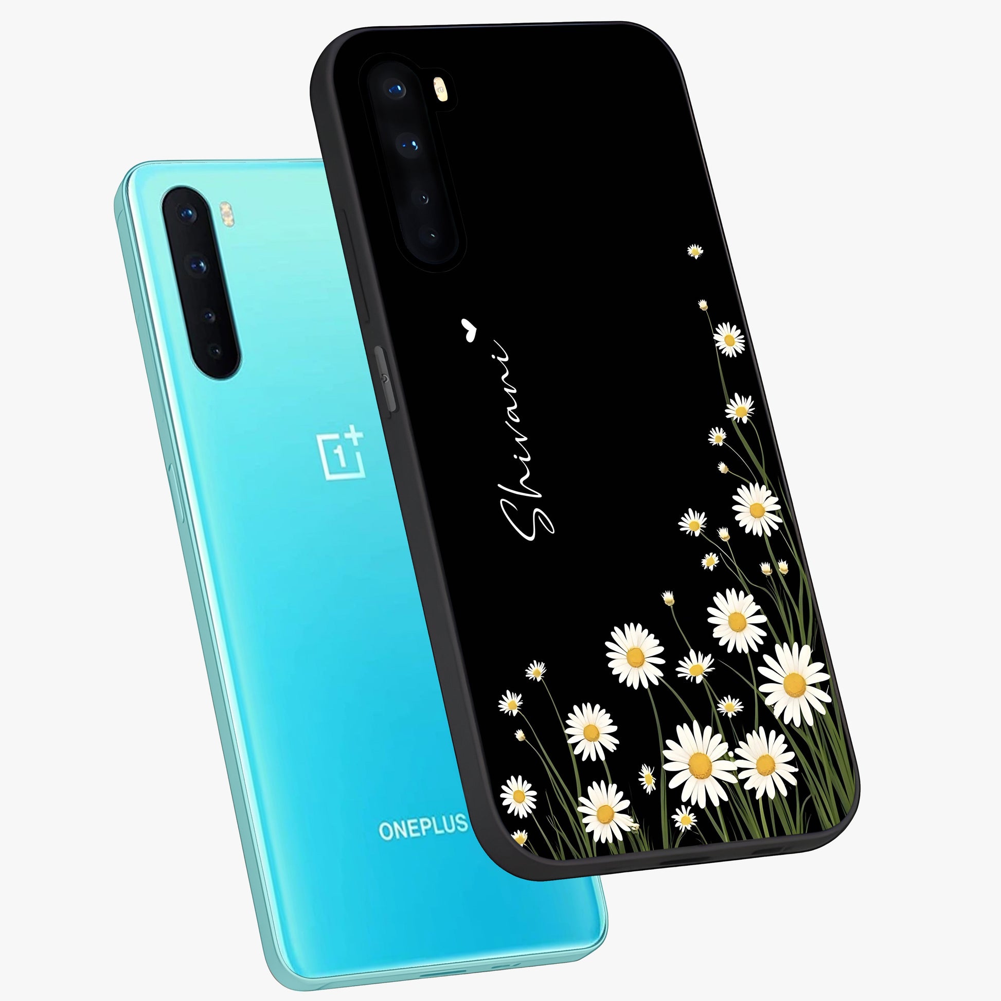 Daisy Cascade Custom Name Glass Case displayed in angled mockup highlighting delicate daisy artwork with custom name feature.