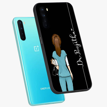 Doctor Pattern Custom Name Glass Case displayed in angled mockup highlighting doctor inspired artwork with custom name feature.