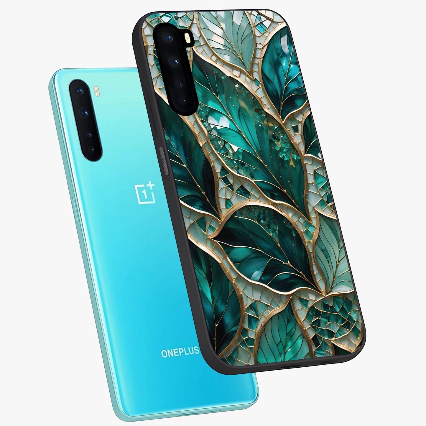 Emerald Leaf Glass Glass Case displayed in angled mockup highlighting botanical leaf illustration with elegant natural aesthetic.