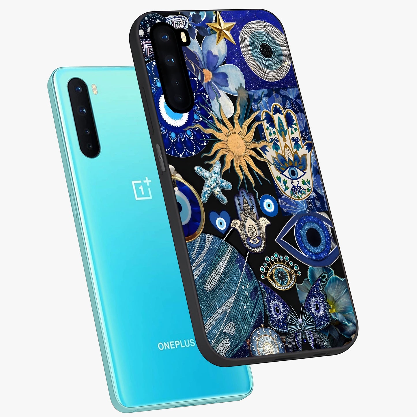 Evil Eye Charm Mix Glass Case displayed in angled mockup highlighting protective evil eye symbols with spiritual aesthetic design.