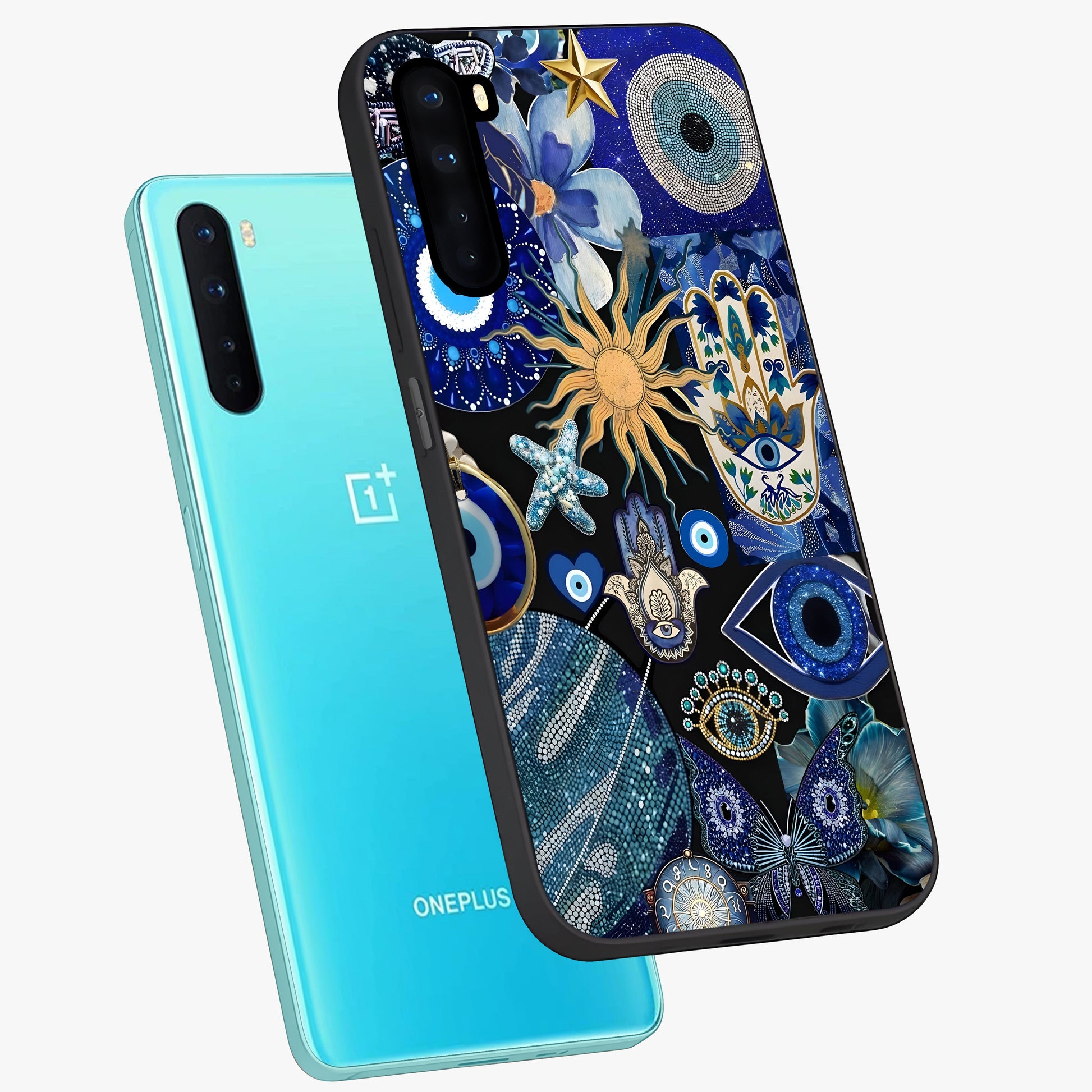 Evil Eye Charm Mix Glass Case displayed in angled mockup highlighting protective evil eye symbols with spiritual aesthetic design.