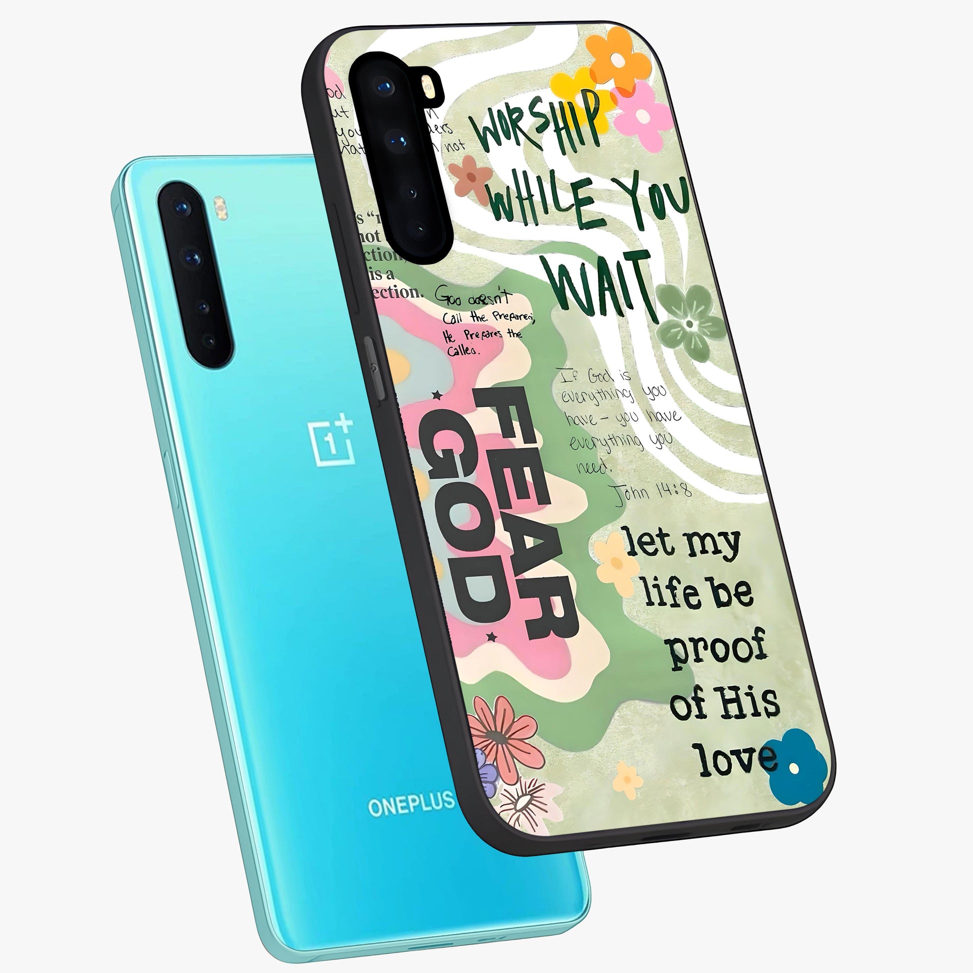 Faith Over Fear Glass Case displayed in angled mockup highlighting inspirational message design with modern aesthetic style.