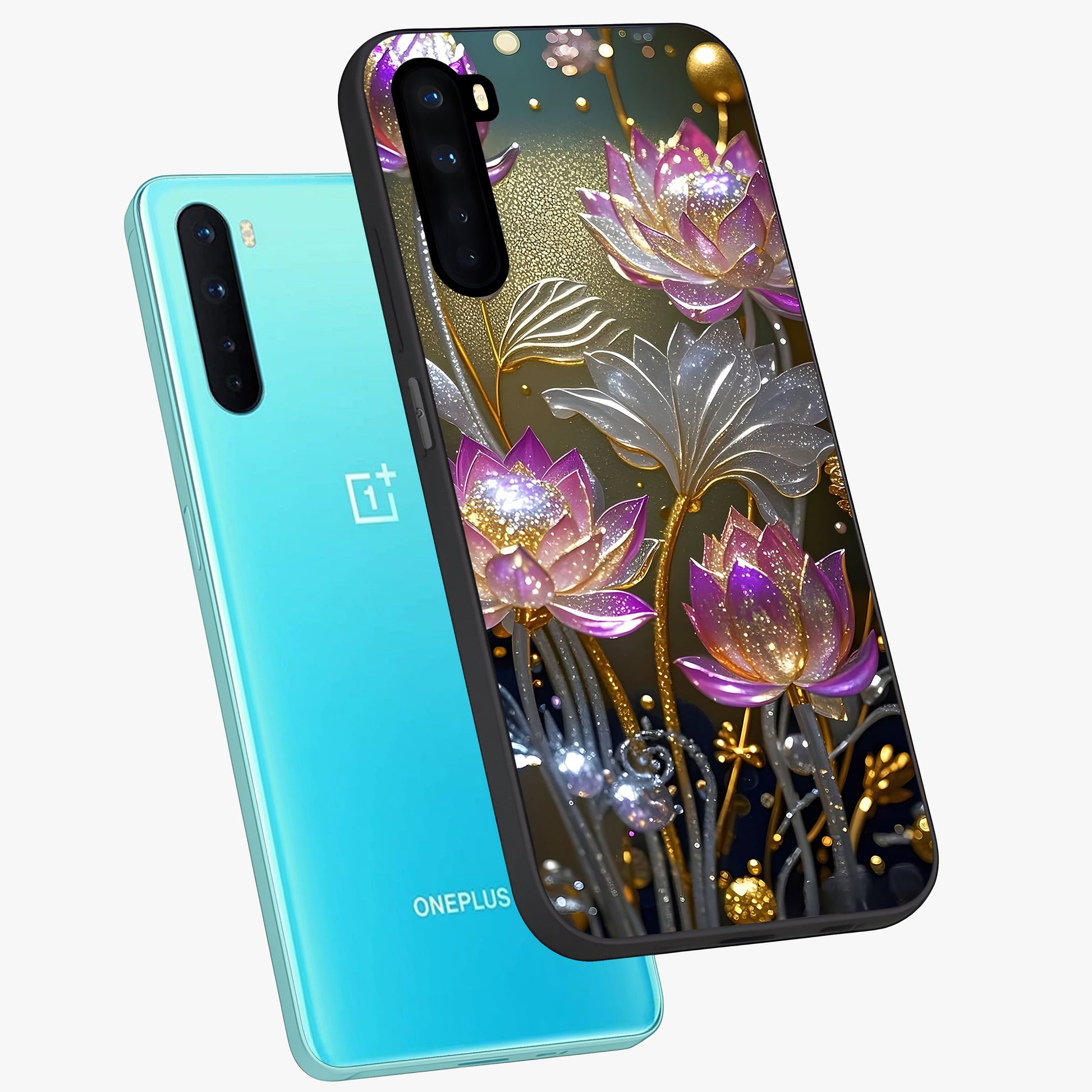 Golden Floral Majesty Glass Case displayed in angled mockup highlighting elegant flower design with royal golden aesthetic.