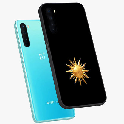 Golden Sun Minimalism Glass Case displayed in angled mockup highlighting eerie shadow illustration with gothic aesthetic.