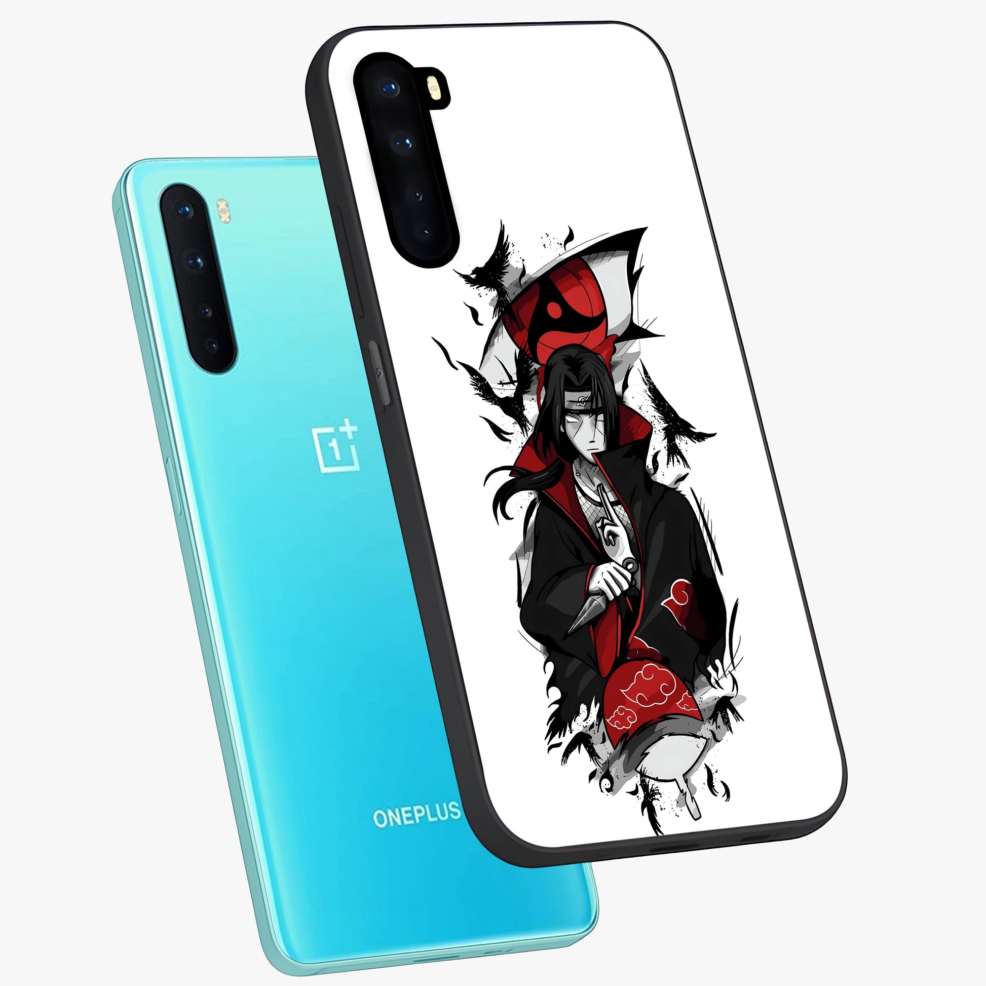 Itachi Limited Edition Naruto Anime Glass Case displayed in angled mockup highlighting dramatic anime illustration with bold action aesthetic.