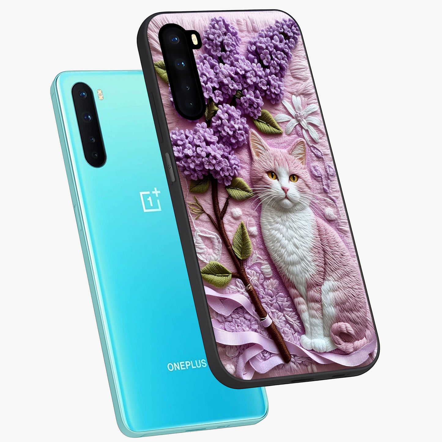 Lavender Cat Whimsy Glass Case displayed in angled mockup highlighting playful feline illustration with pastel lavender aesthetic.