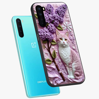 Lavender Cat Whimsy Glass Case displayed in angled mockup highlighting playful feline illustration with pastel lavender aesthetic.