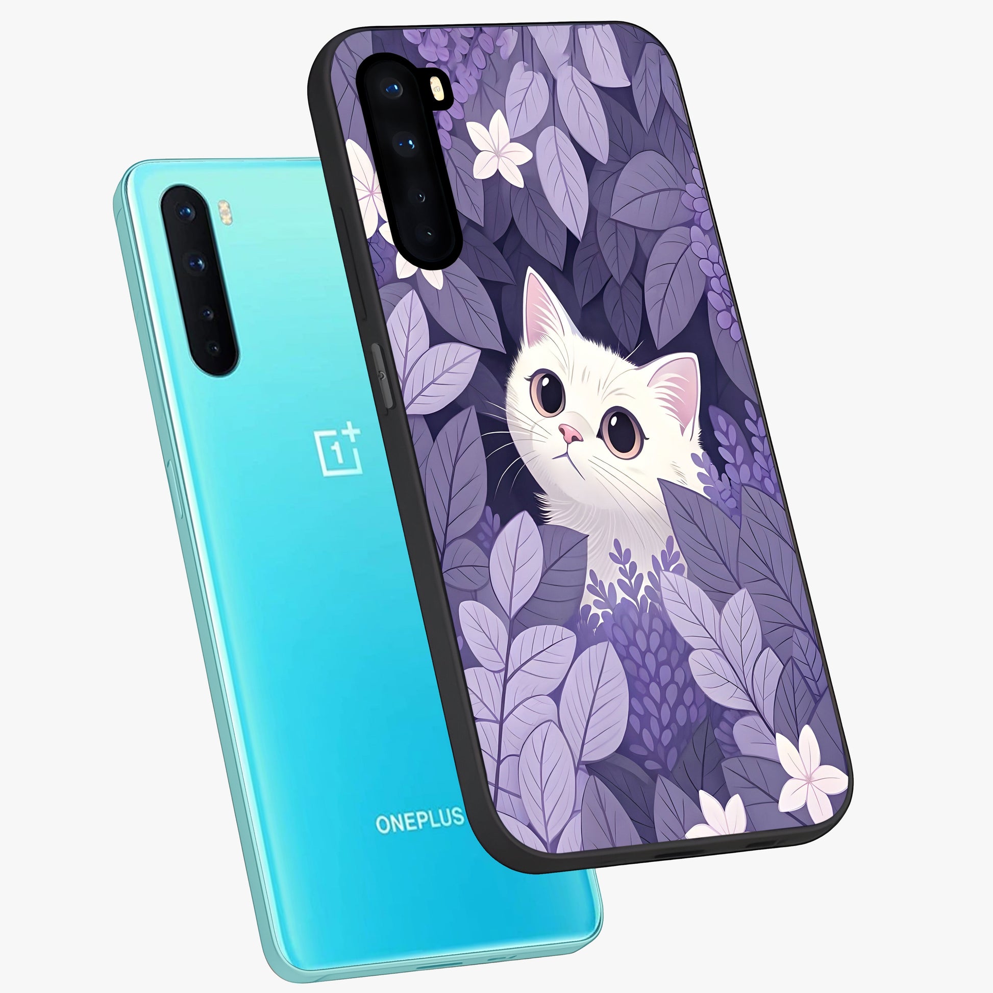 Lilac Hide Peek Cat Glass Case displayed in angled mockup highlighting playful feline illustration with lilac aesthetic design.