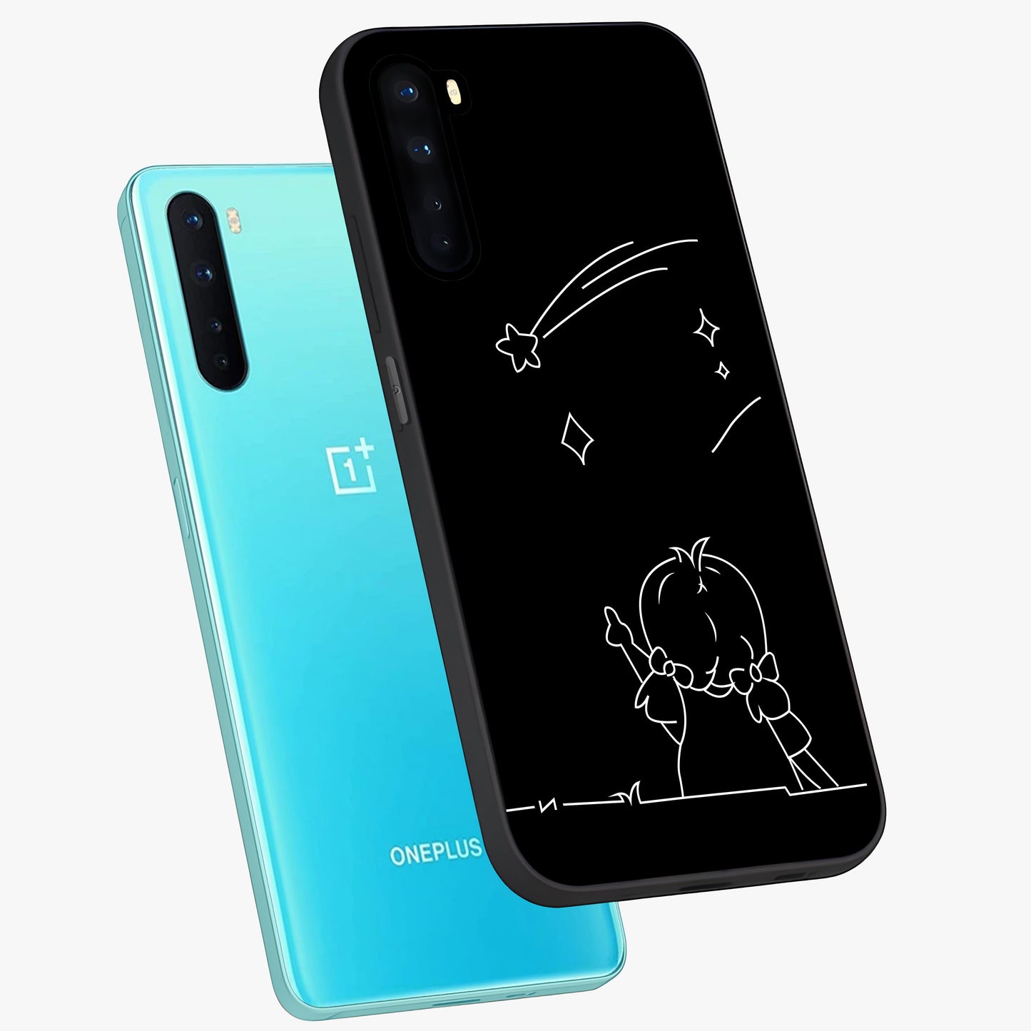 Line Art Girl With Shooting Stars Glass Case displayed in angled mockup highlighting elegant line art design with dreamy star aesthetic.