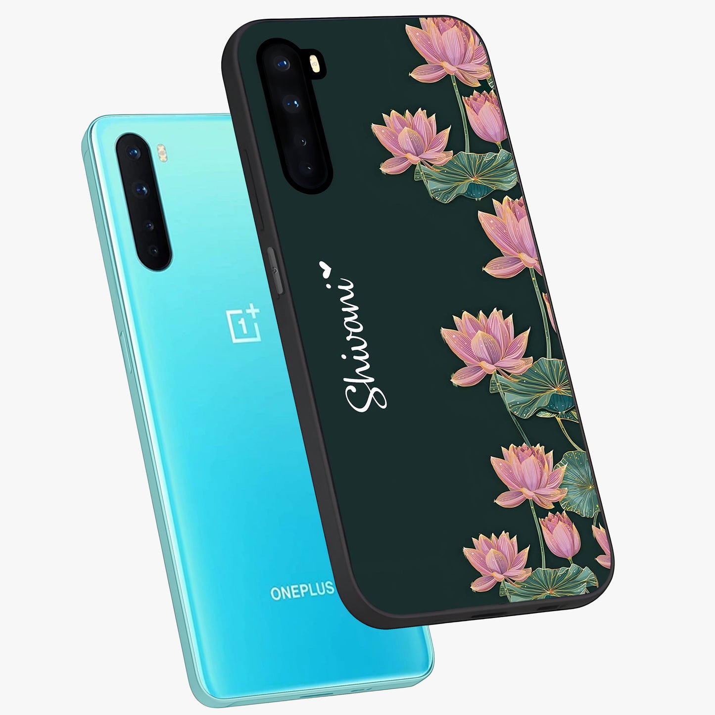 Lotus Bloom Serenity Custom Name Glass Case displayed in angled mockup highlighting graceful lotus illustration with custom name feature.