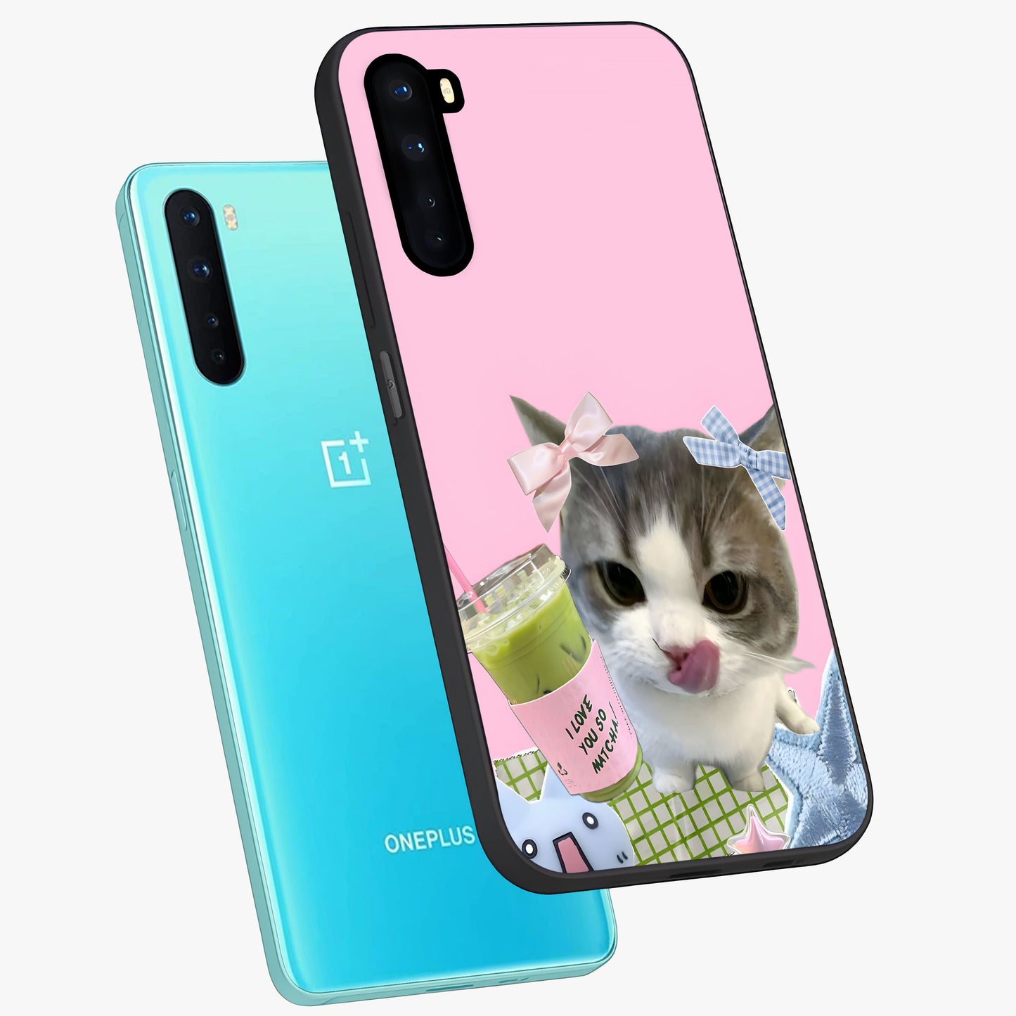 Love Matcha Cat Glass Case displayed in angled mockup highlighting playful feline illustration with cozy matcha aesthetic.