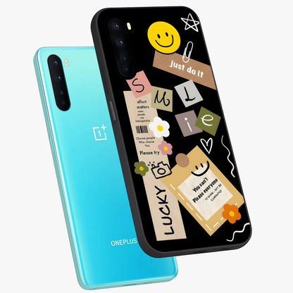 Lucky Aesthetic Collage Glass Case displayed in angled mockup highlighting stylish collage pattern with modern aesthetic vibe.