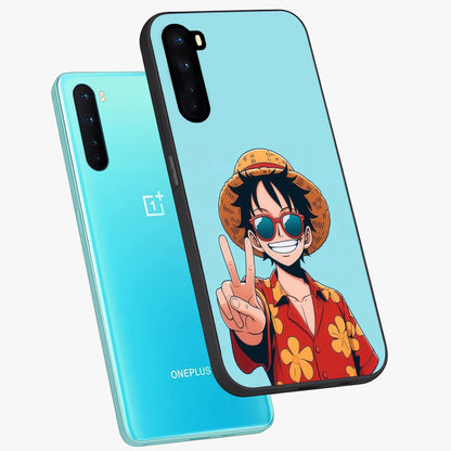 Luffy Summer Anime Vibe Glass Case displayed in angled mockup highlighting energetic anime illustration with summer vibe aesthetic.