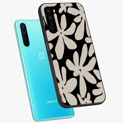 Monochrome Petal Dance Glass Case displayed in angled mockup highlighting elegant petal design with black and white aesthetic.